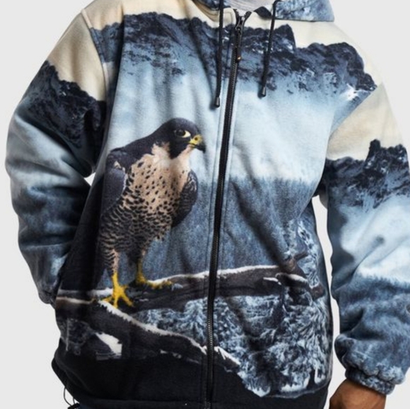 Wildkind Men's Blue and Black Falcon Print Fleece  Jacket Size Large - Picture 1 of 11